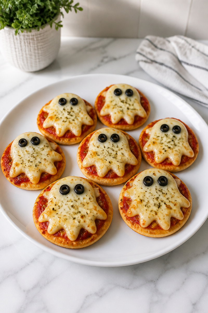 Spooky Ghost Cheese Mini Pizza Halloween Food Idea Spooky Ghost Cheese Mini Pizza Halloween Food Idea