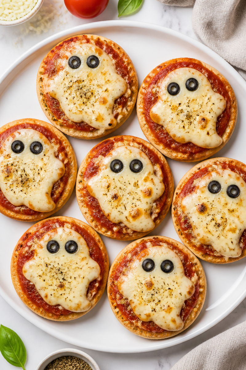 Spooky Ghost Cheese Mini Pizza Halloween Food Idea Spooky Ghost Cheese Mini Pizza Halloween Food Idea