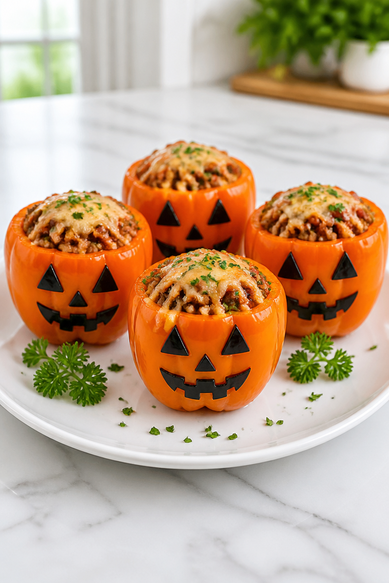Spooky Jack O Lantern Stuffed Bell Pepper Halloween Dinner Spooky Jack O Lantern Stuffed Bell Pepper Halloween Dinner