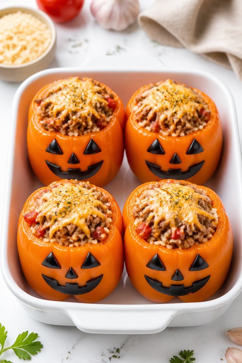 Spooky Jack O Lantern Stuffed Bell Pepper Halloween Dinner Spooky Jack O Lantern Stuffed Bell Pepper Halloween Dinner