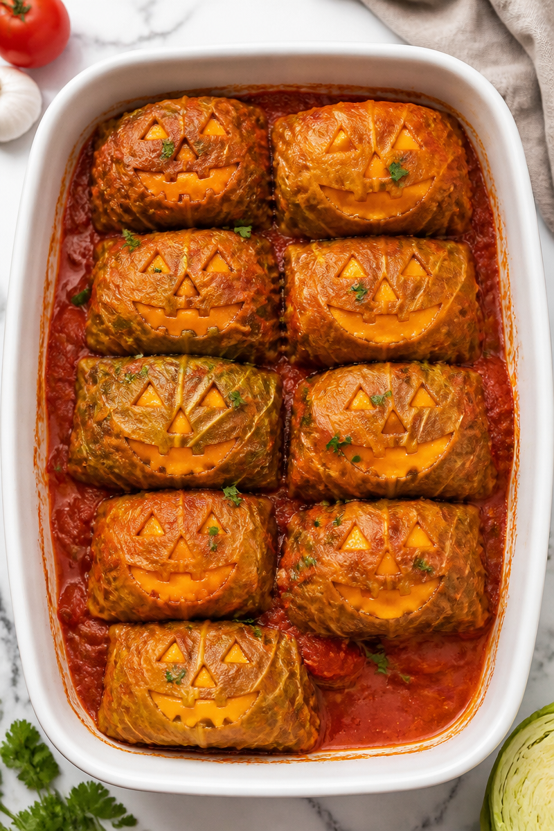 Spooky Jack O Lantern Stuffed Cabbage Roll Halloween Dinner Spooky Jack O Lantern Stuffed Cabbage Roll Halloween Dinner