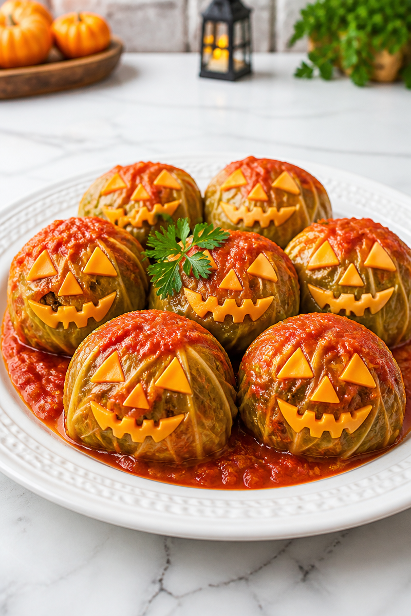 Spooky Jack O Lantern Stuffed Cabbage Roll Halloween Dinner Spooky Jack O Lantern Stuffed Cabbage Roll Halloween Dinner