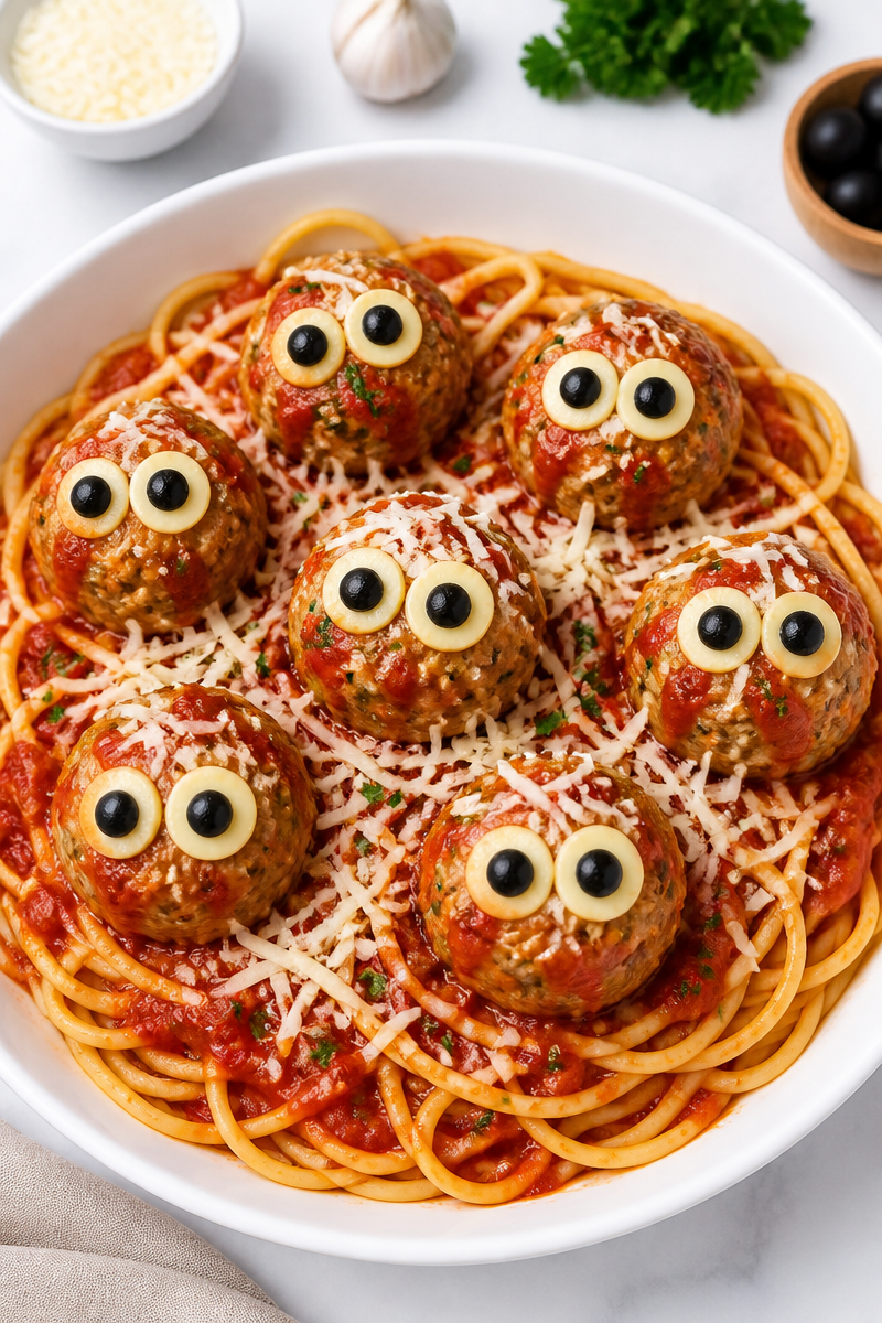 Spooky Monster Eye Turkey Meatball Halloween Pasta