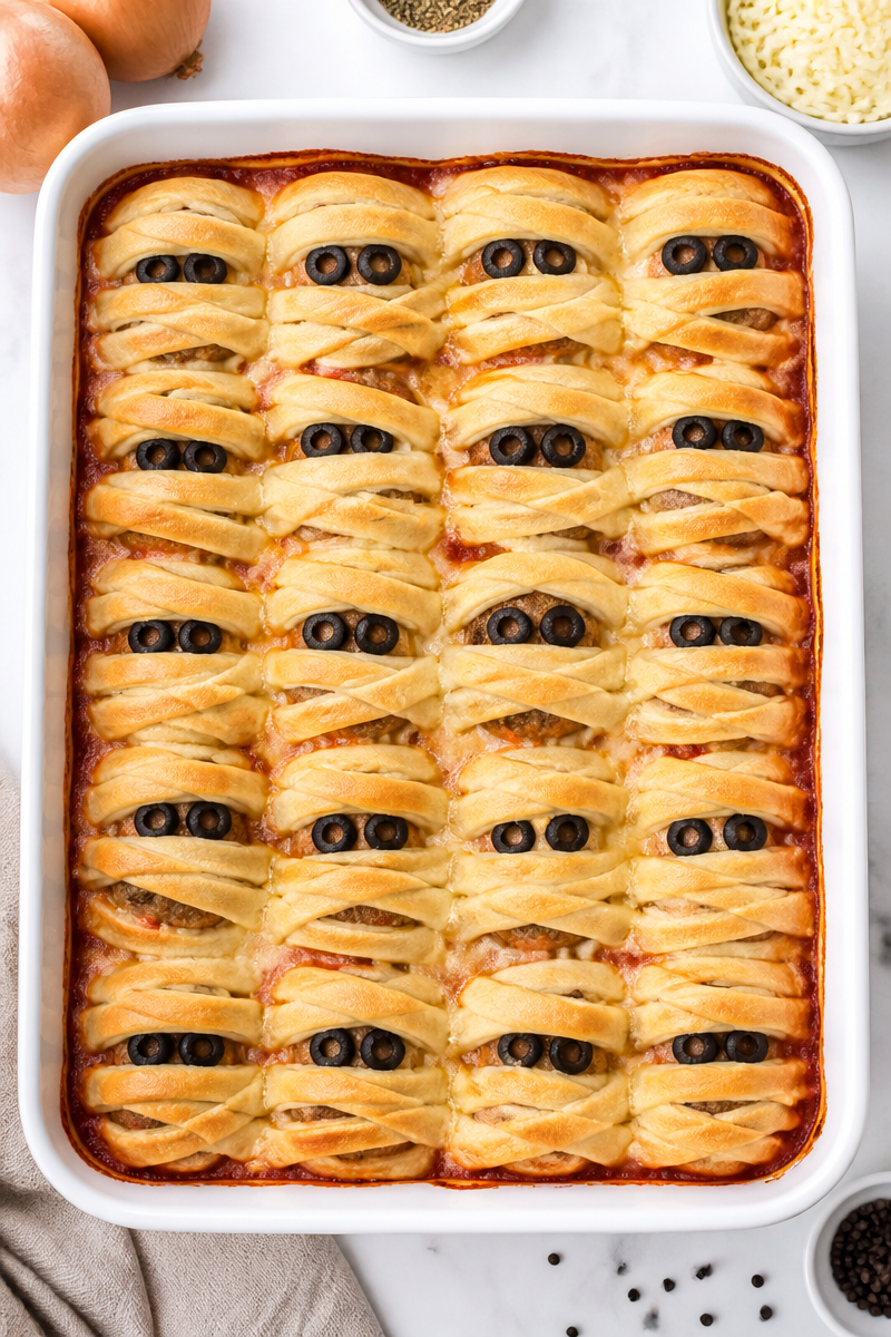 Spooky Mummy Meatball Casserole Bake Spooky Mummy Meatball Casserole Bake