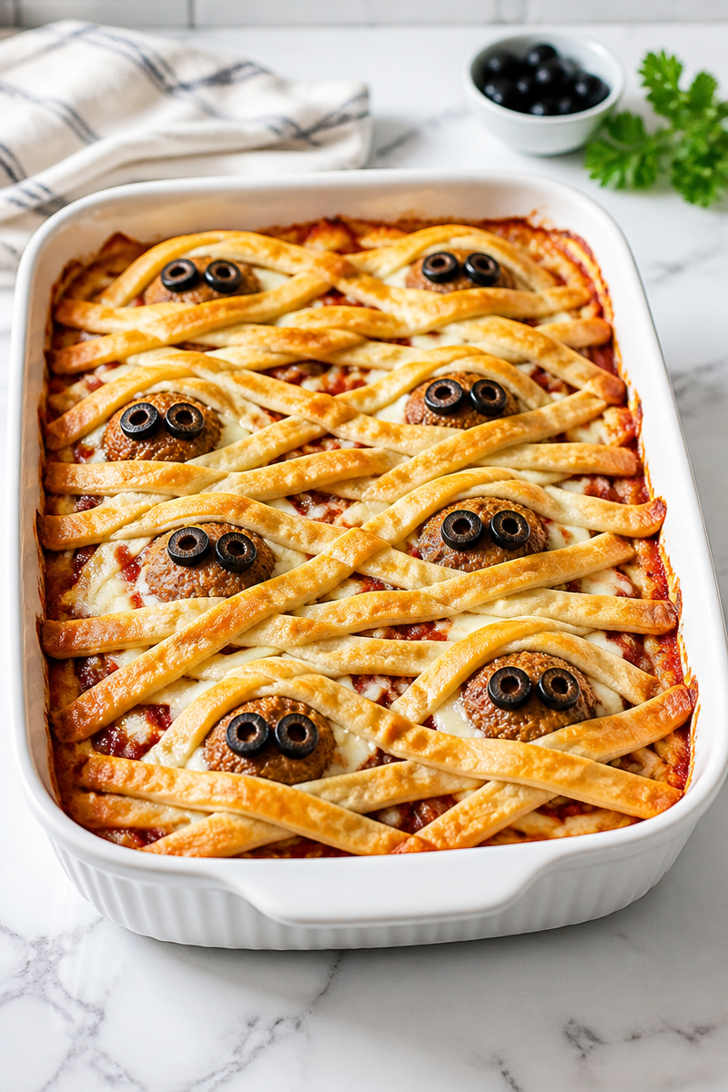 Spooky Mummy Meatball Casserole Bake Spooky Mummy Meatball Casserole Bake
