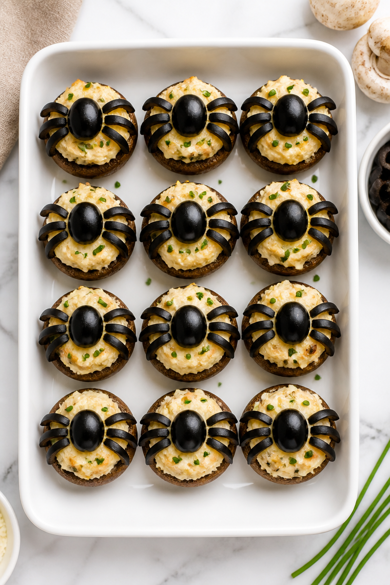 Spooky Olive Spider Stuffed Mushroom Halloween Snack For Party Spooky Olive Spider Stuffed Mushroom Halloween Snack For Party