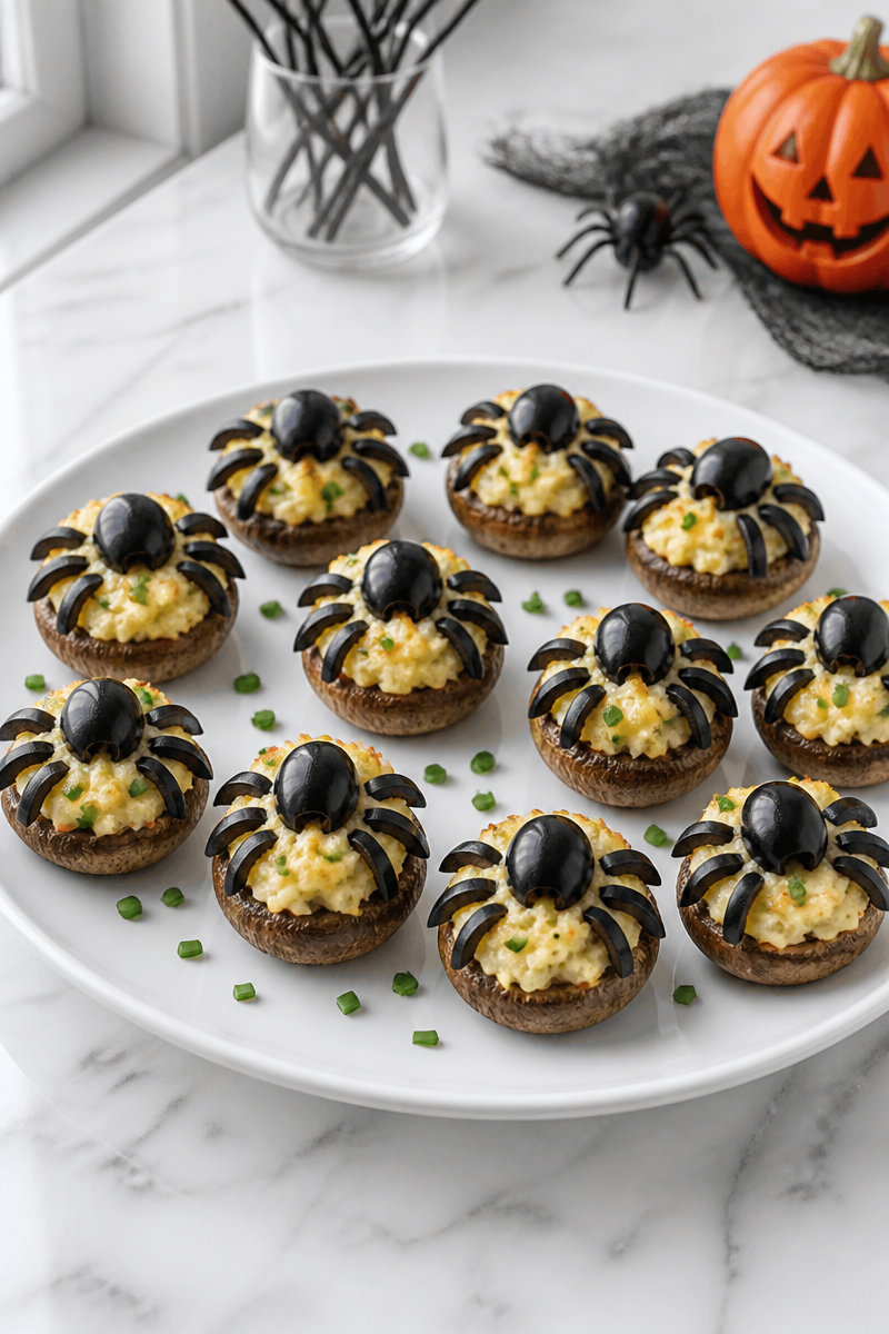 Spooky Olive Spider Stuffed Mushroom Halloween Snack For Party Spooky Olive Spider Stuffed Mushroom Halloween Snack For Party