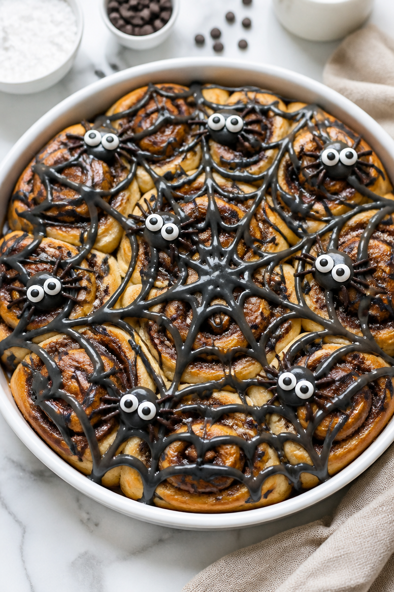 Spooky Spider Web Cinnamon Roll Breakfast
