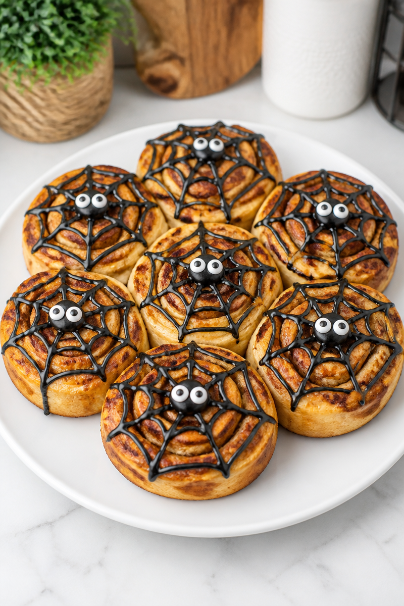 Spooky Spider Web Cinnamon Roll Breakfast