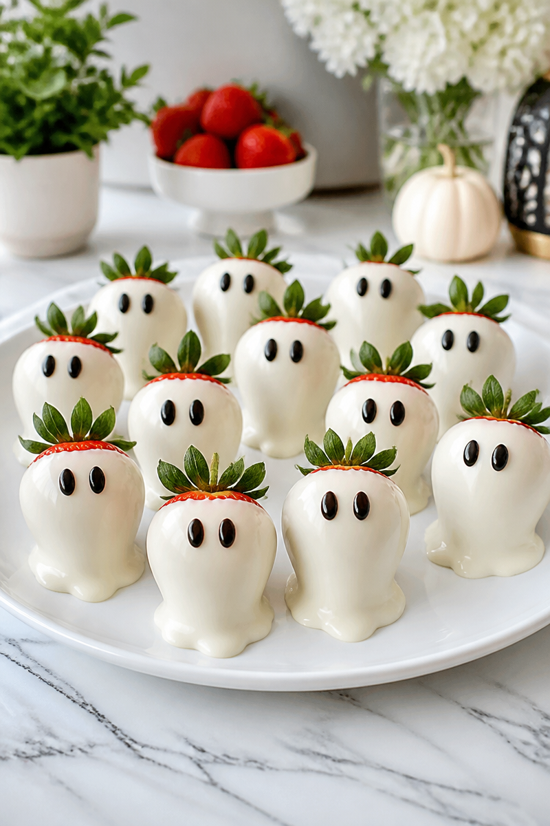 Spooky White Chocolate Ghost Dipped Strawberry Halloween Treat