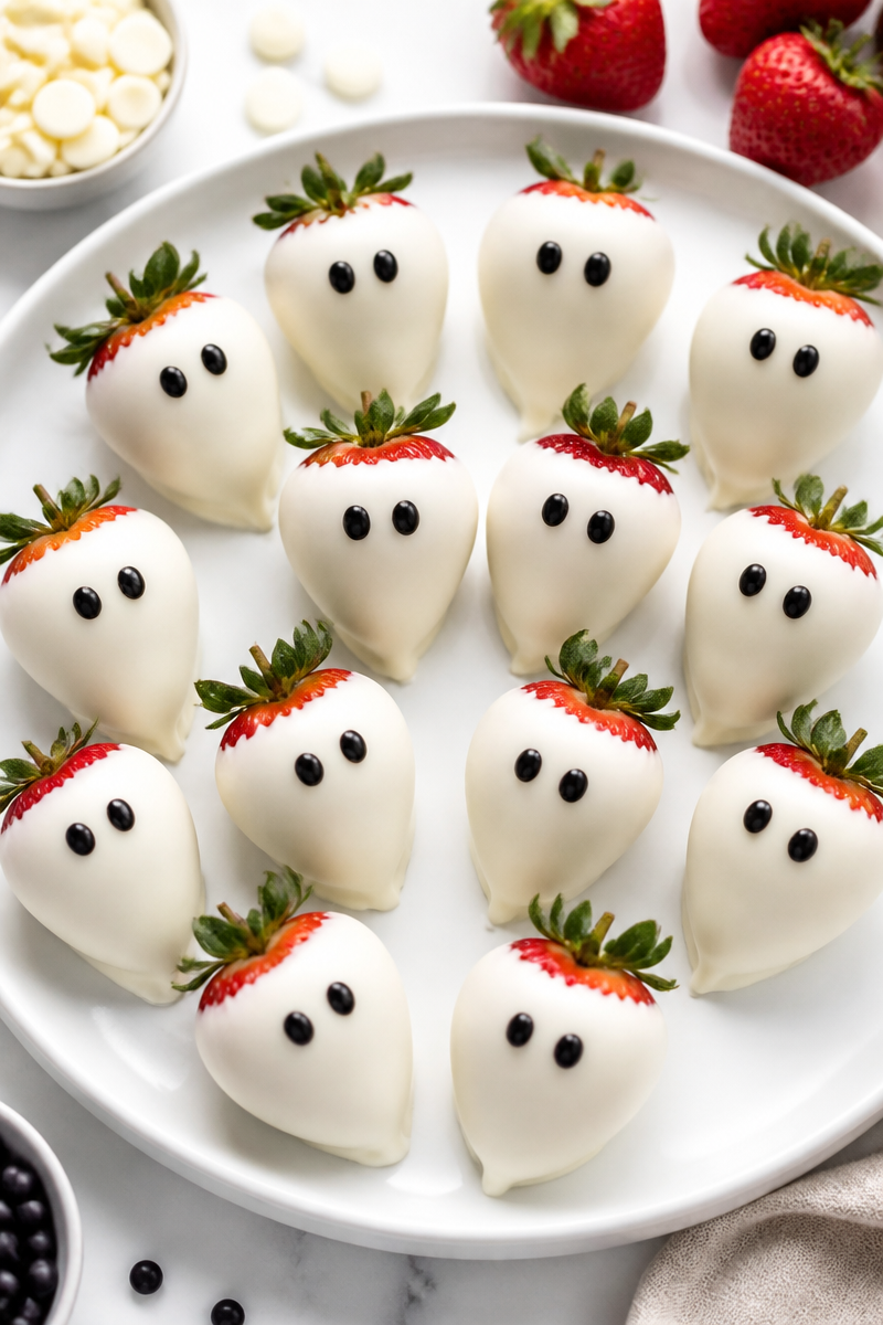 Spooky White Chocolate Ghost Dipped Strawberry Halloween Treat