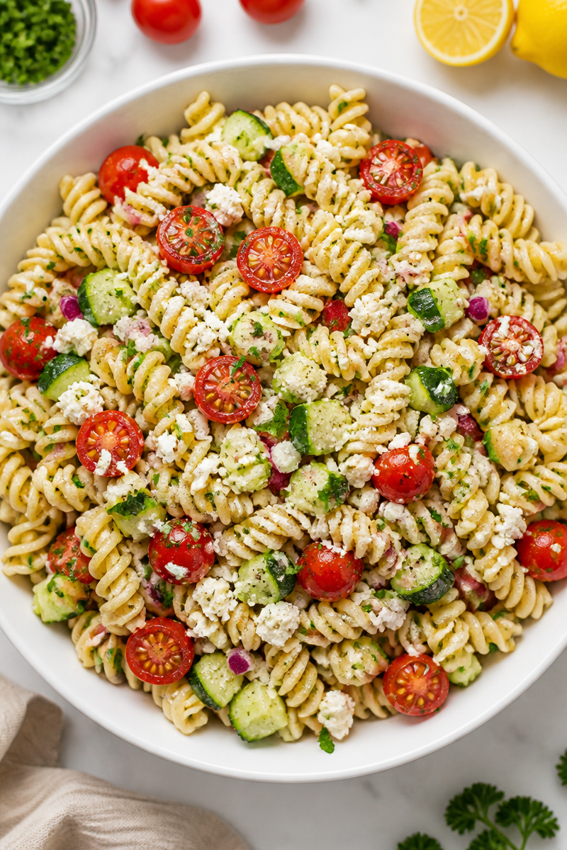 Tangy Lemon Herb Pasta Salad with Feta