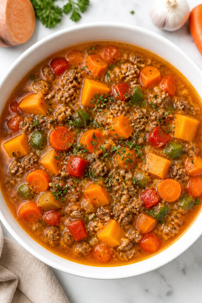 Traditional Minced Beef and Sweet Potato Puchero Soup Traditional Minced Beef and Sweet Potato Puchero Soup