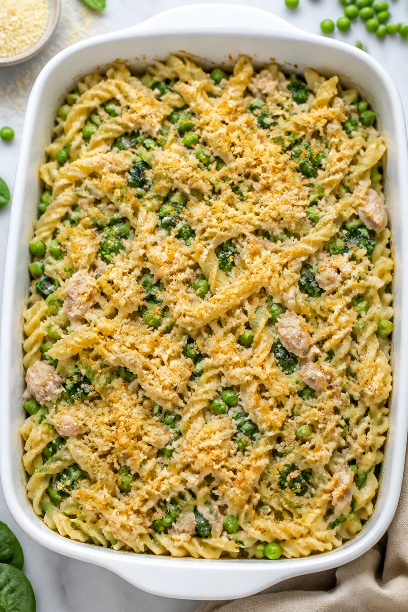 Tuna Noodle Casserole with Spinach and Parmesan