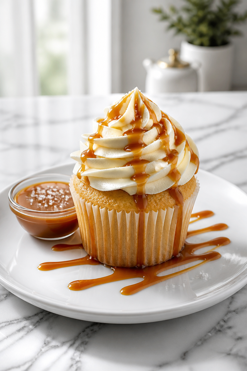 Vanilla Cupcake with Salted Caramel Drizzle Vanilla Cupcake with Salted Caramel Drizzle
