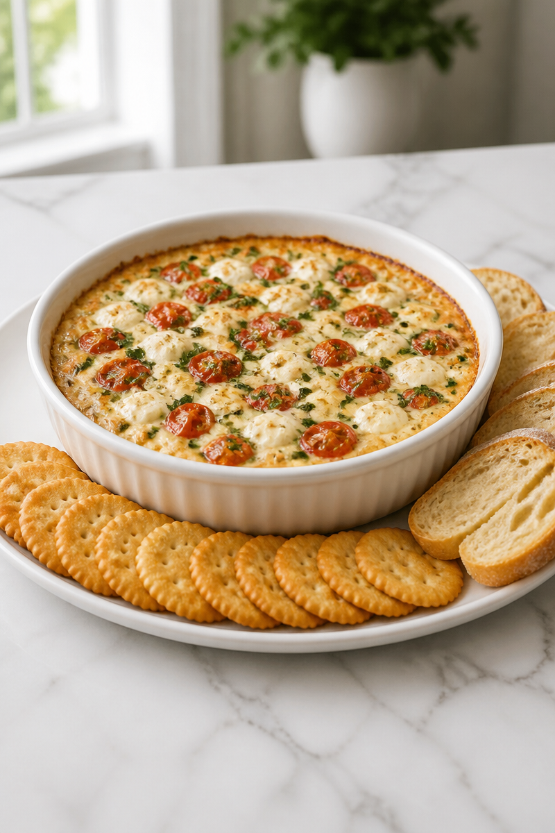 Warm Baked Caprese Dip with Garlic and Pesto Warm Baked Caprese Dip with Garlic and Pesto