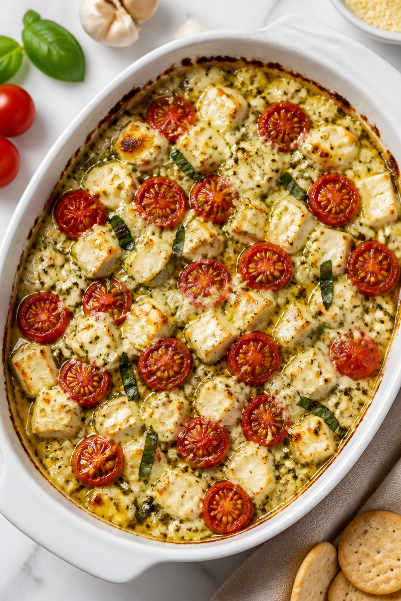 Warm Baked Caprese Dip with Garlic and Pesto Warm Baked Caprese Dip with Garlic and Pesto