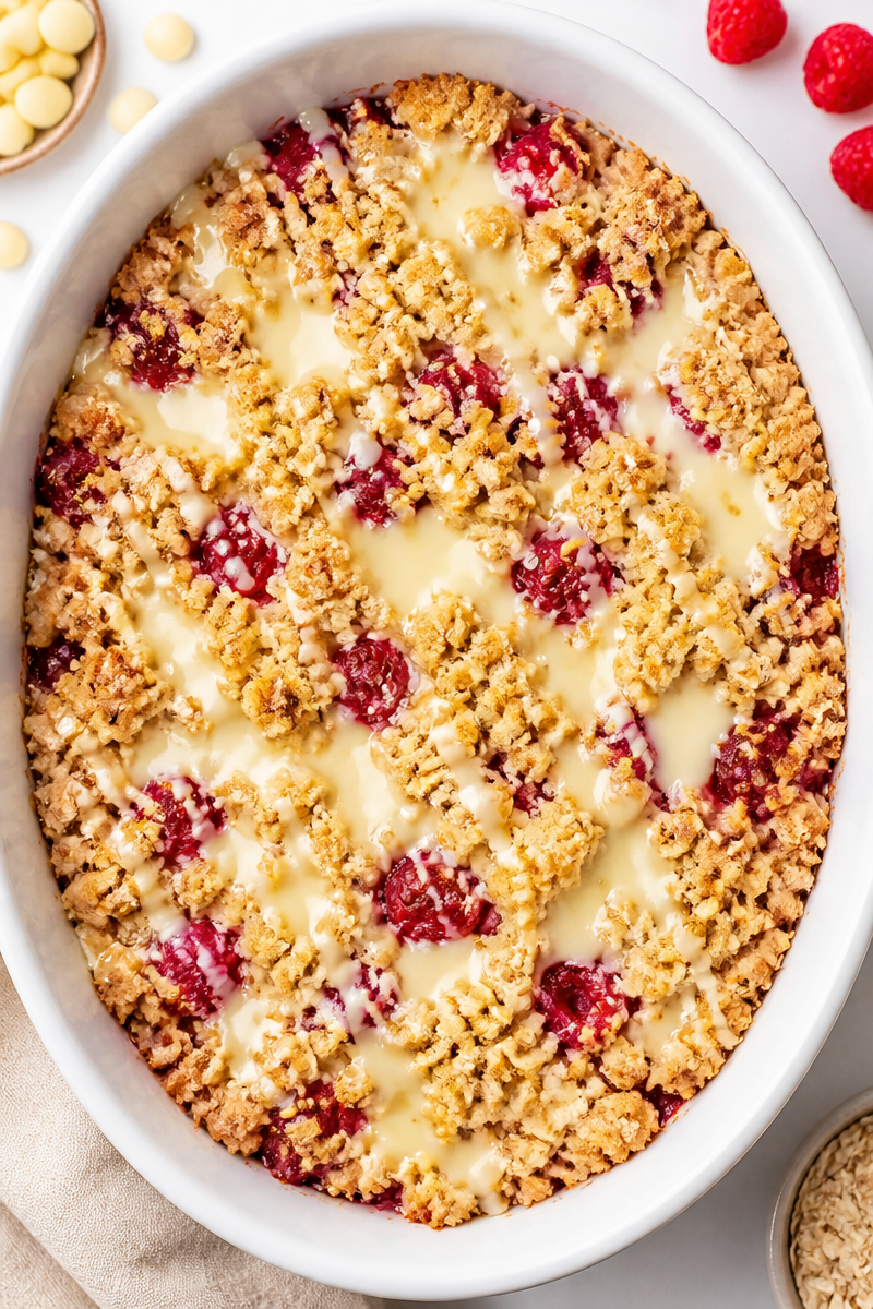 Warm White Chocolate And Crumble Raspberry Dessert Warm White Chocolate And Crumble Raspberry Dessert
