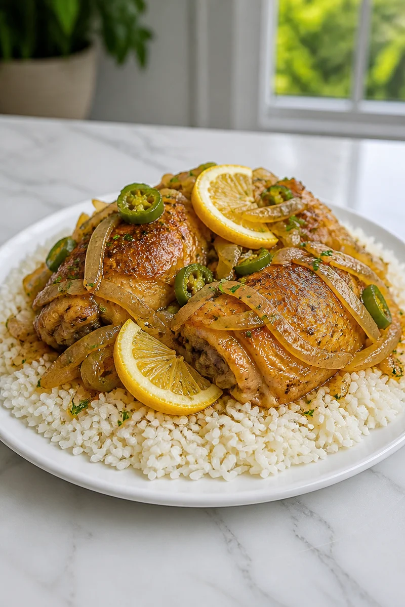Authentic Senegalese lemon chicken yassa served with rice and vegetables
