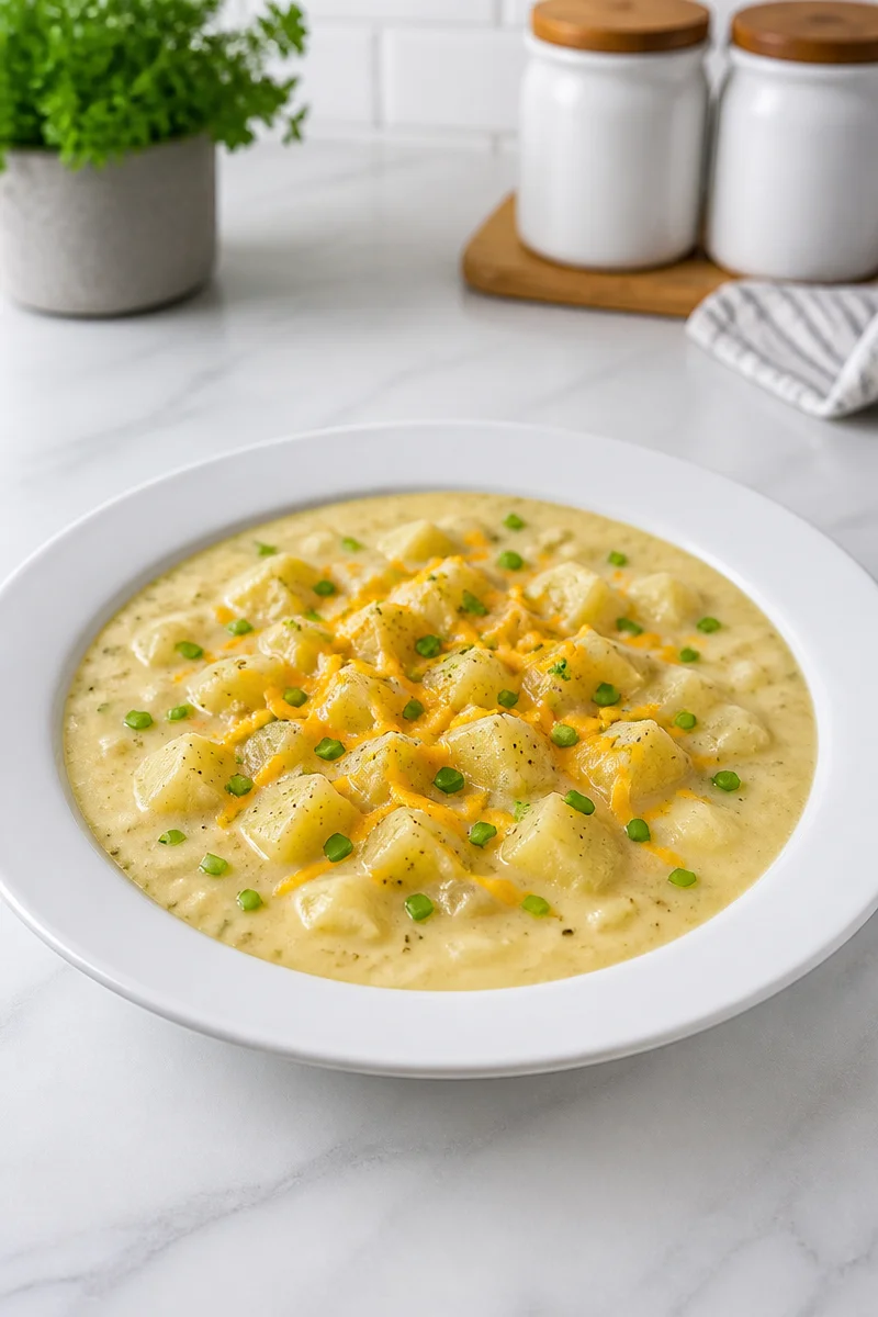 Bowl of chunky cheddar chive potato soup garnished with fresh chives