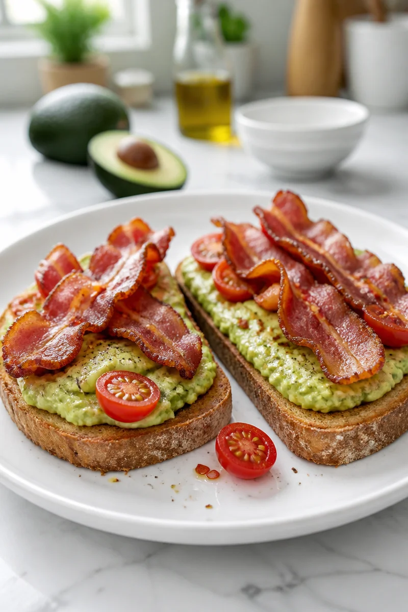 Classic avocado bacon toast topped with fresh herbs and served on whole grain bread