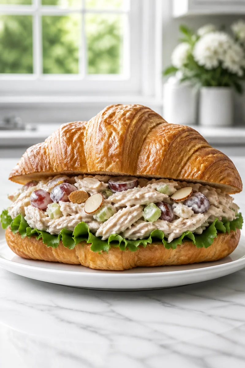 Classic chicken salad croissant sandwich with fresh ingredients