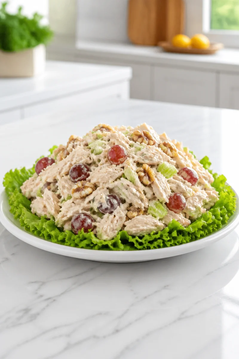 Classic homestyle chicken salad with toasted walnuts in a bowl