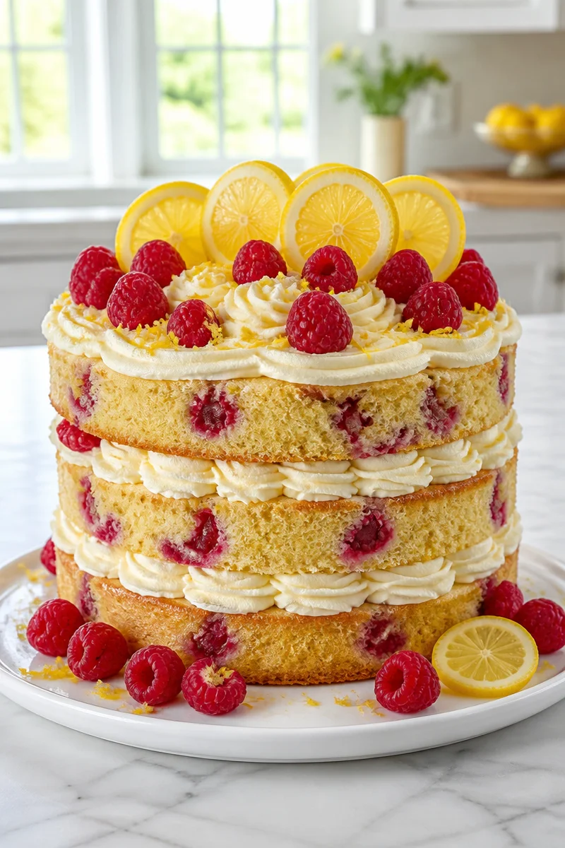 A delicious Classic Lemon Raspberry Layer Cake with vibrant layers of lemon and raspberry frosting.