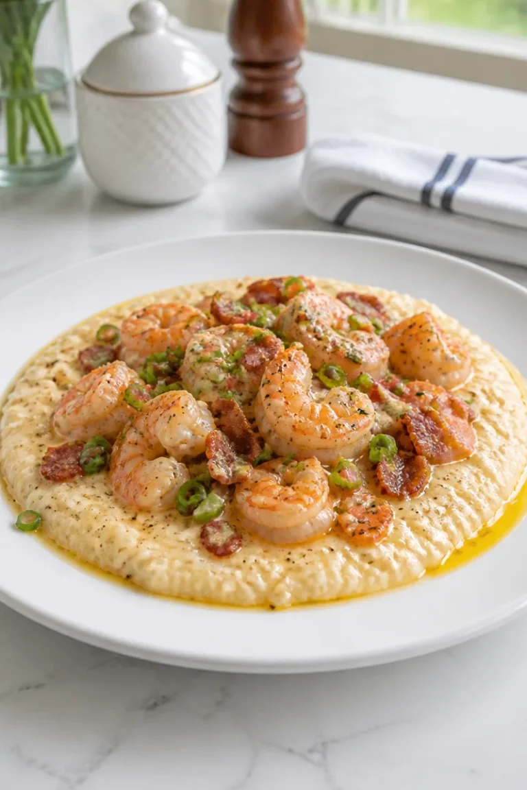 A plate of classic Southern shrimp and grits topped with fresh shrimp and herbs.
