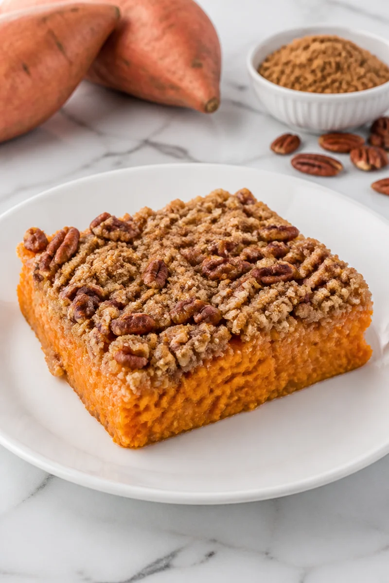 Copycat Ruth Chris sweet potato casserole topped with brown sugar and pecans.