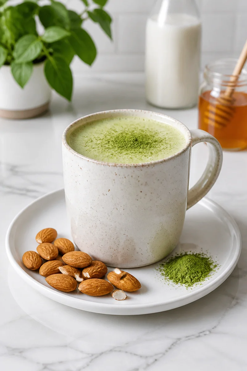 Cozy vanilla almond milk matcha latte topped with frothy foam.