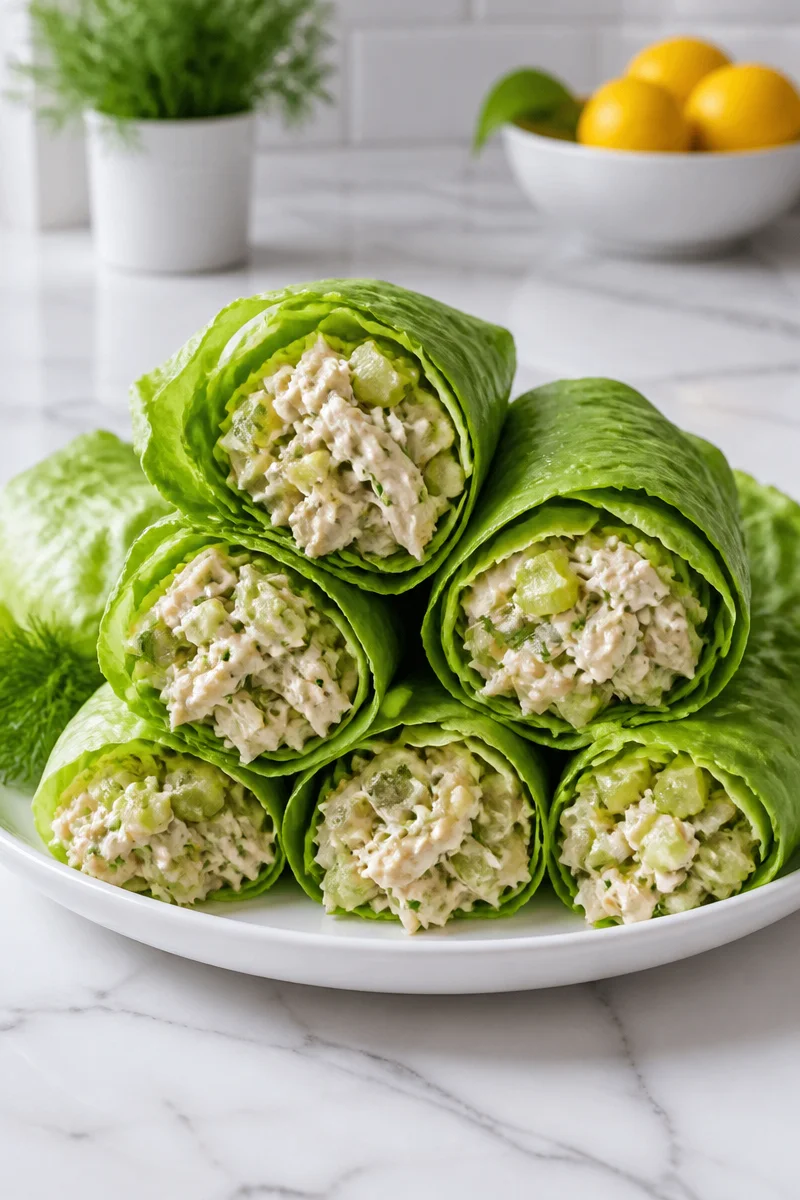 Creamy Dill Pickle Chicken Salad Wrap served with lettuce in a healthy meal