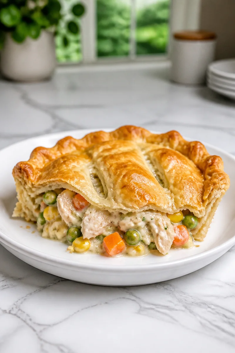 Creamy garlic and herb chicken pot pie casserole with vegetables and golden crust
