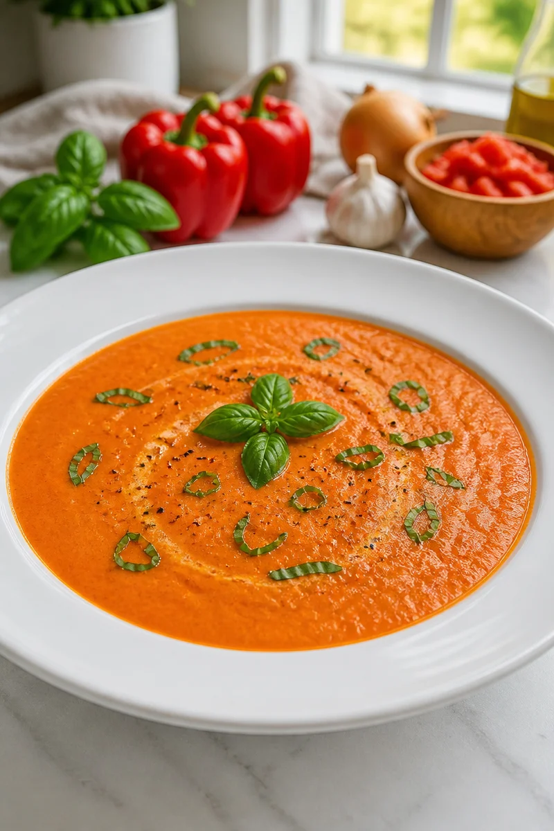 Bowl of creamy roasted red pepper and tomato soup garnished with fresh herbs