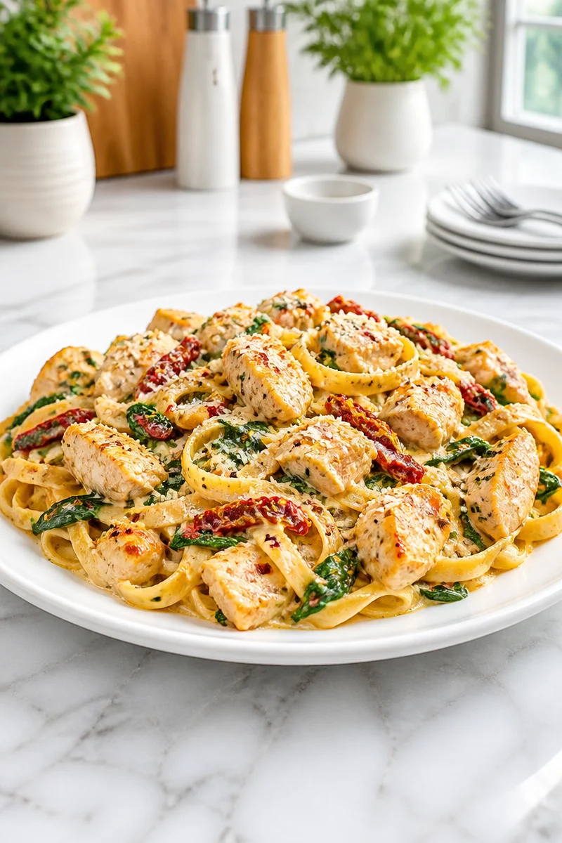 Creamy sun dried tomato and spinach chicken pasta dish garnished with herbs