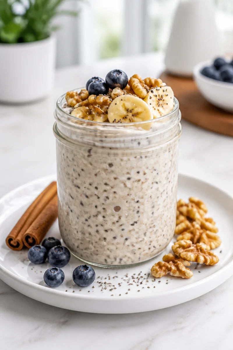 Creamy vanilla chai spiced overnight oats in a jar with toppings