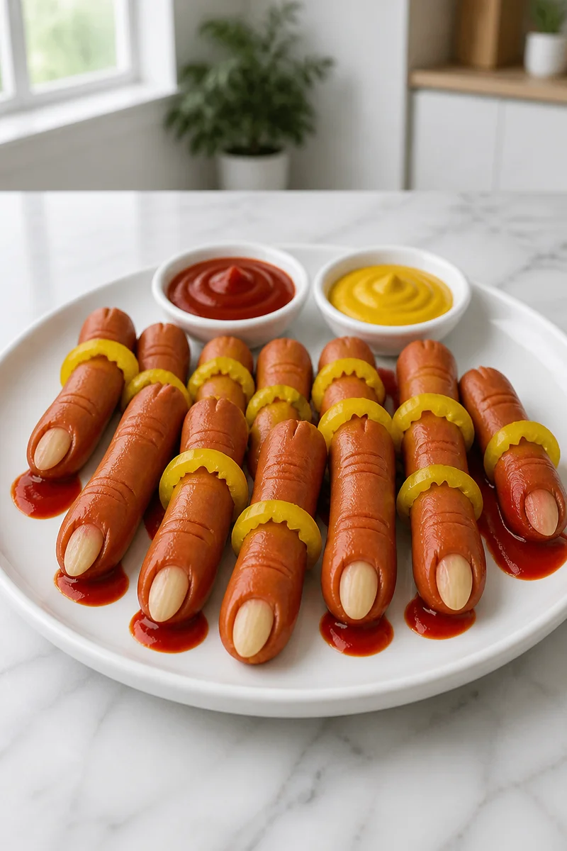 Creepy beef frank finger appetizer for Halloween party