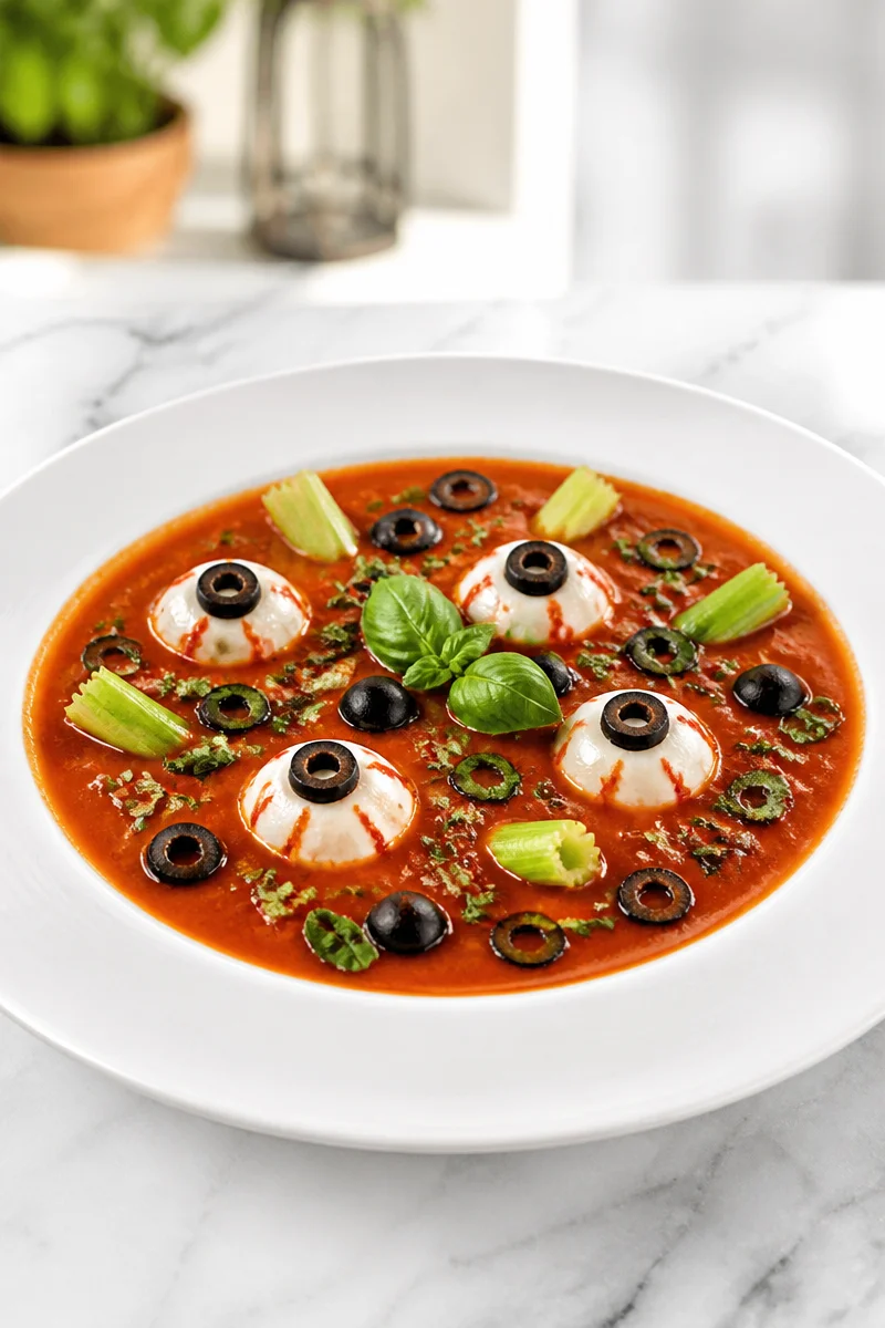 Chilling Bloody Mary Tomato Soup served in a Halloween-themed bowl