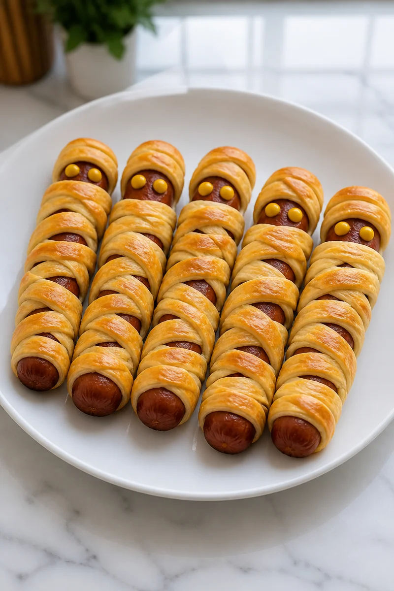Creepy Mummy Wrapped Halal Beef Sausage Halloween Snack on a plate