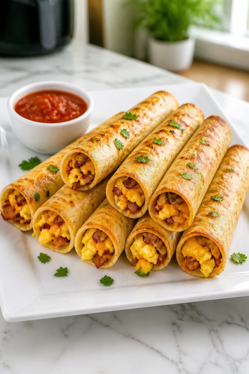 Crispy air fryer bacon egg taquito served on a plate.