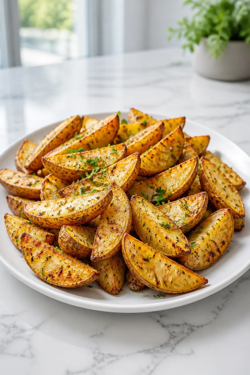 Crispy air fryer garlic herb potato wedges on a plate