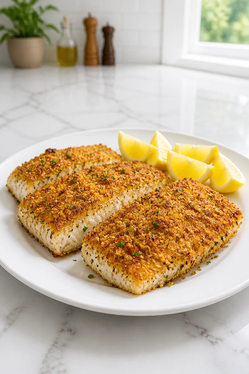 Crispy panko crusted baked haddock served with lemon and herbs