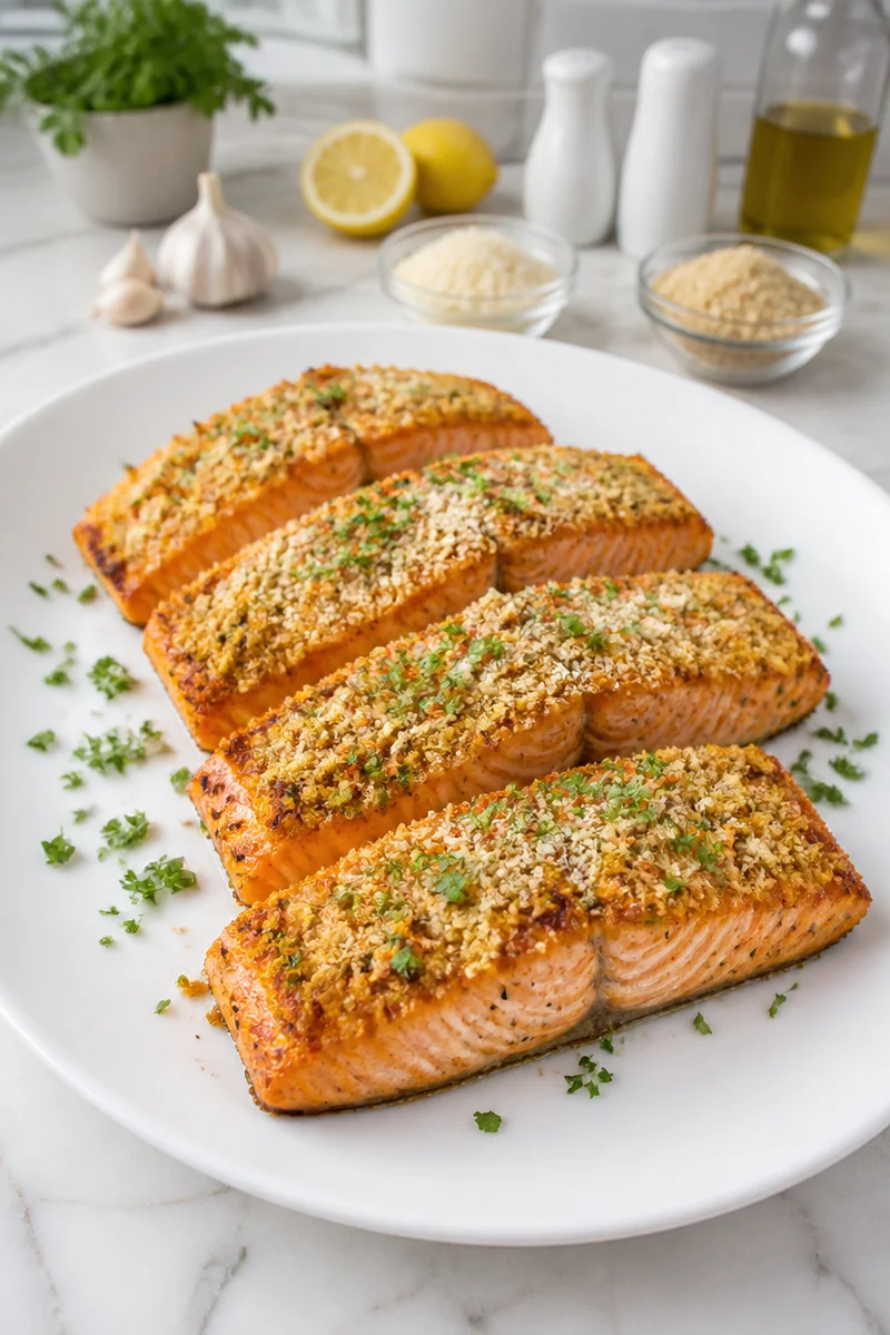 Crispy Parmesan Crusted Salmon cooked in an air fryer, garnished with herbs.