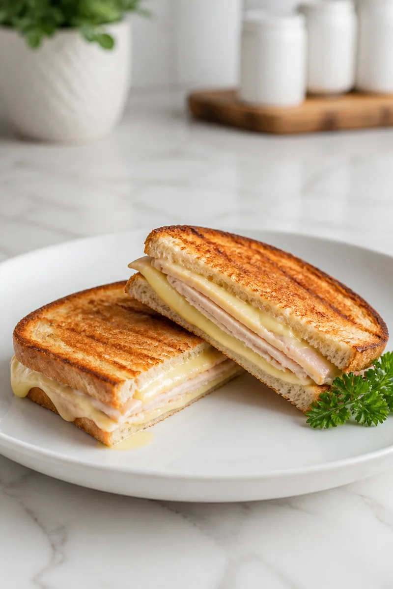 Delicious Turkey Swiss Cheese Panini on a plate