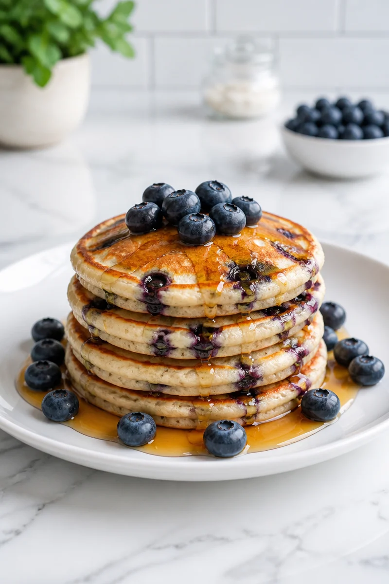 Fluffy blueberry Greek yogurt pancakes stacked on a plate with syrup