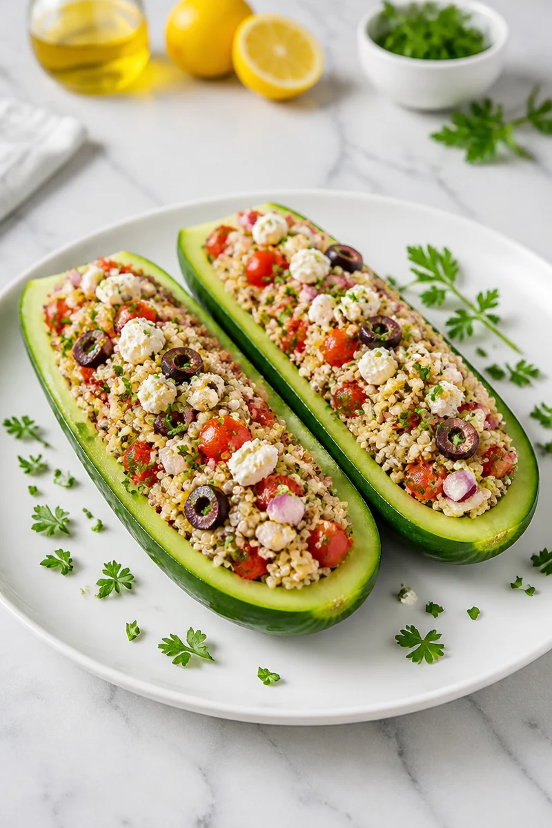 Fresh Mediterranean Quinoa stuffed inside a cucumber for a healthy dish