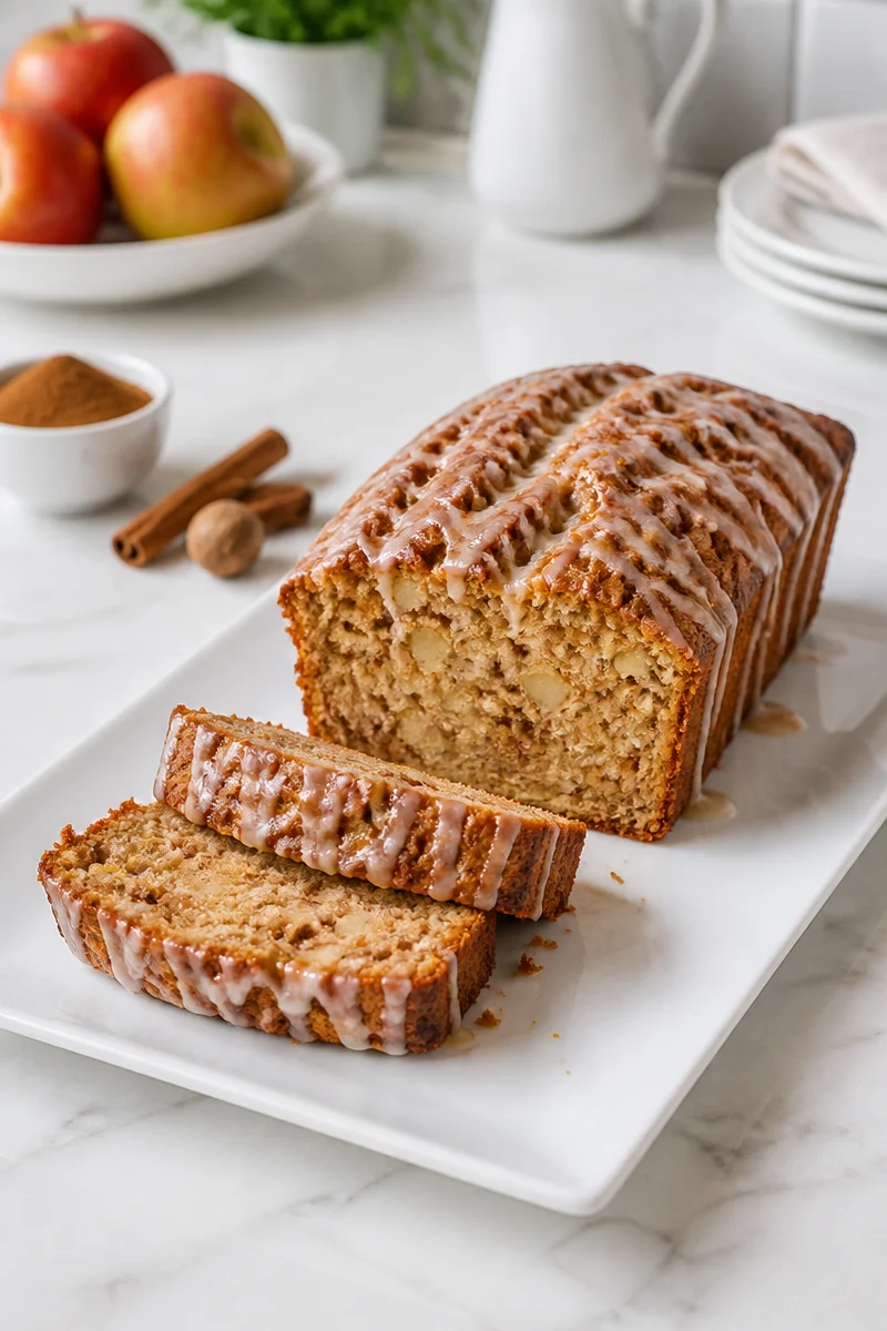 Glazed cinnamon spiced apple fritter bread with chunks of apple