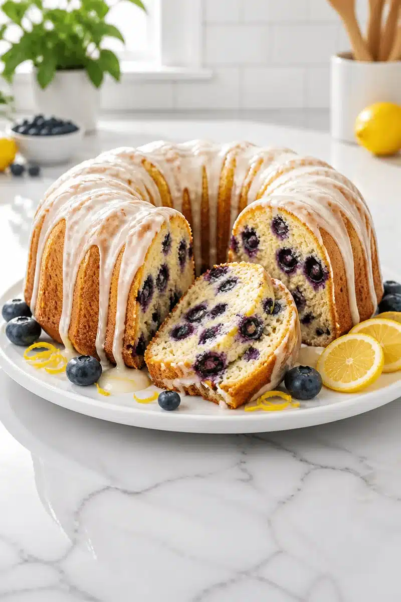 Delicious glazed lemon blueberry pound cake decorated with fresh blueberries