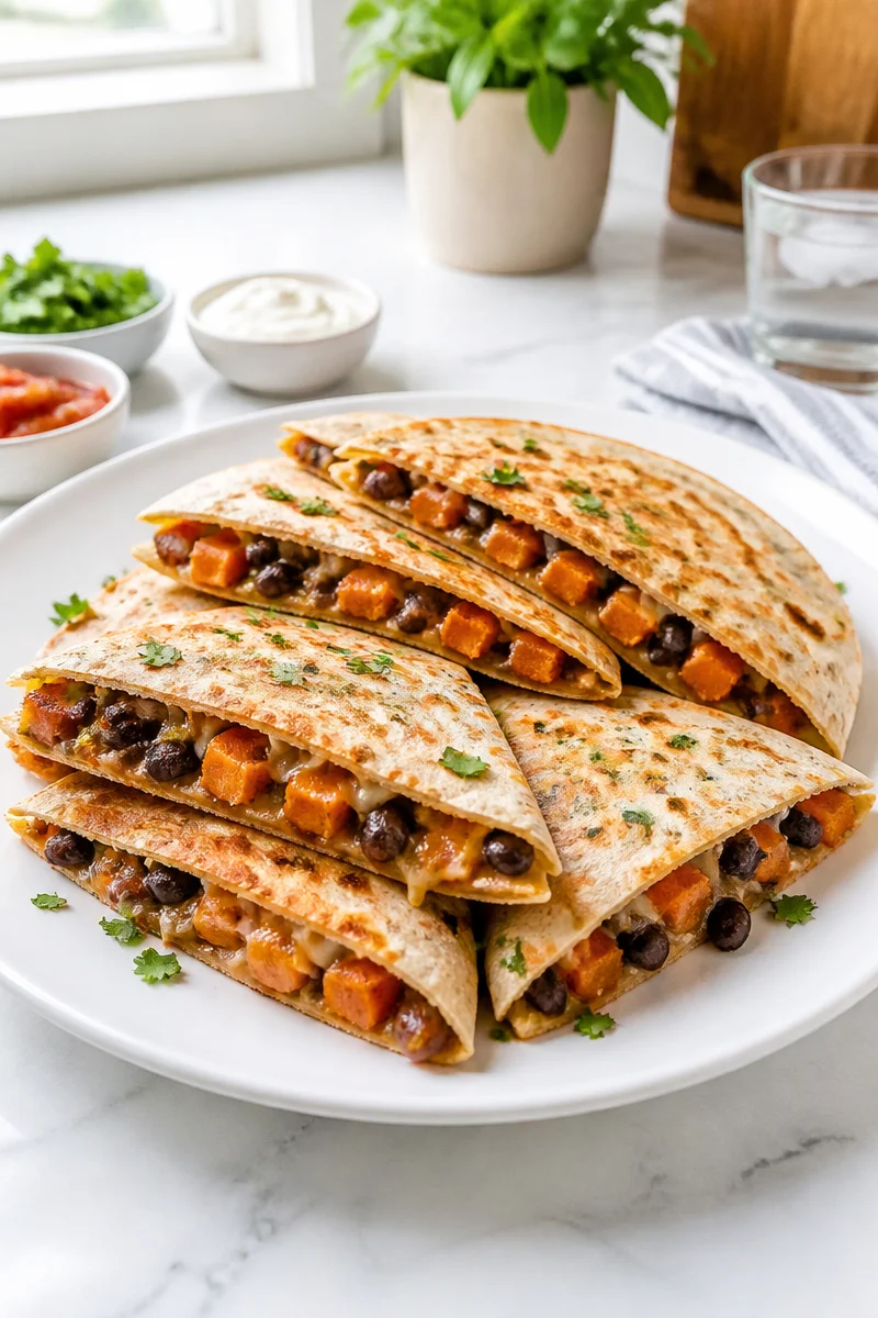 Healthy black bean and sweet potato quesadilla on a plate