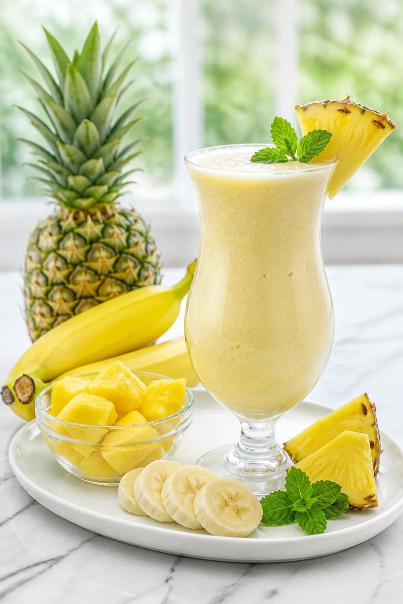Healthy creamy banana and pineapple virgin pina colada in a glass with tropical garnish
